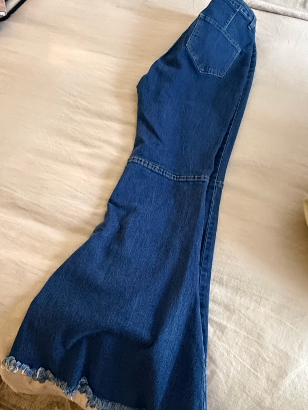 High waist Dark Blue Flared Jeans with Raw Hem - Picture 4 of 6